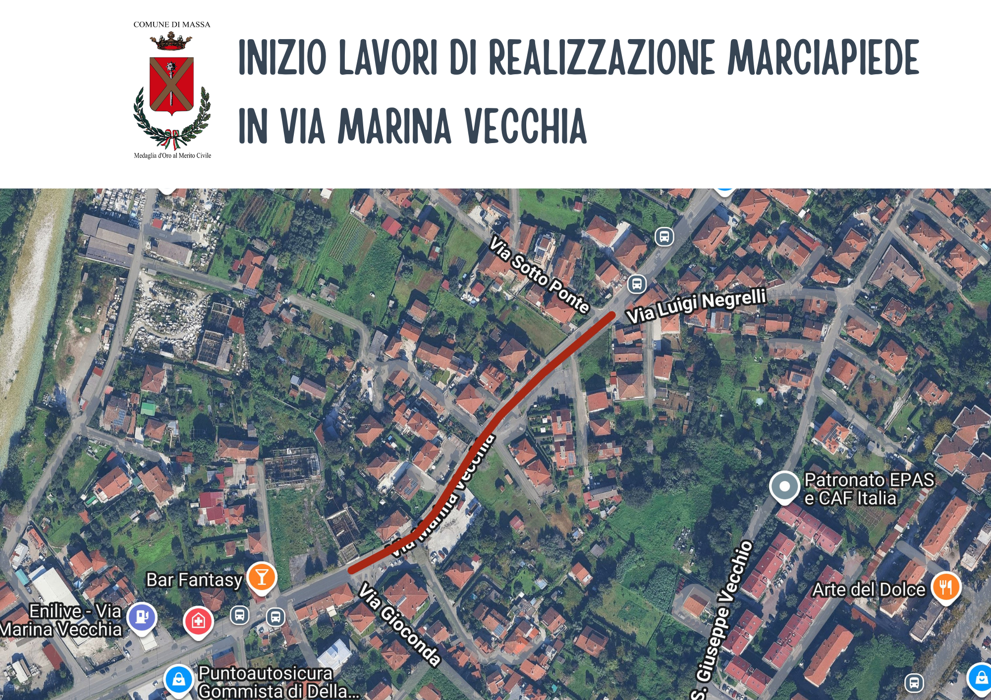 foto mappa via Marina Vecchia - cantieri rifacimento marciapiedi  - feb. 2026