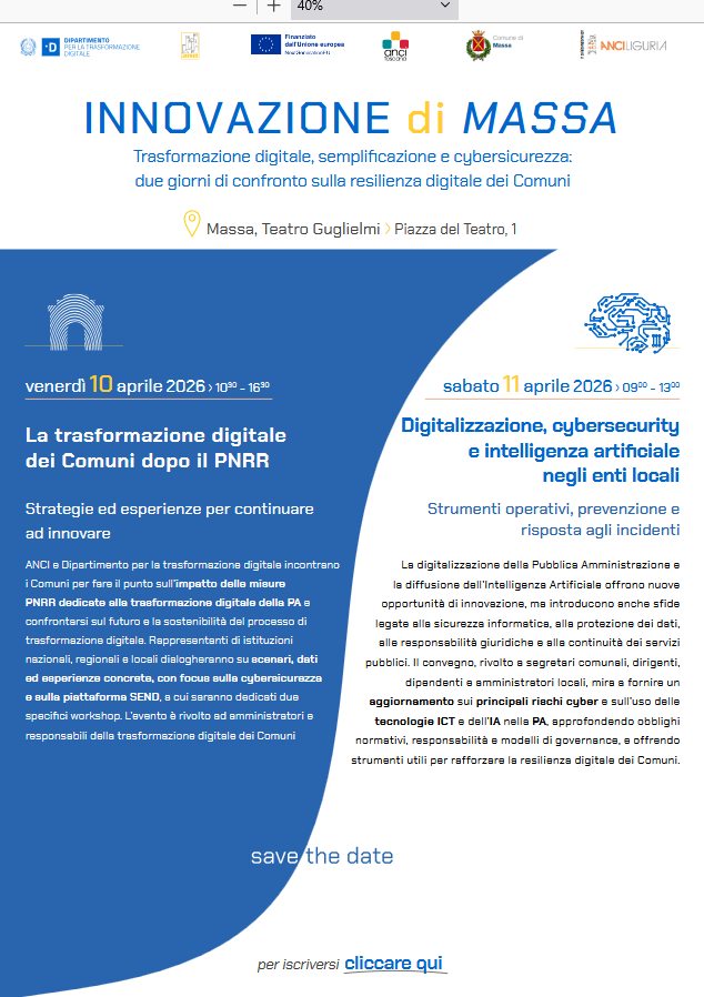 locandina convegno ANCI innovazione cybersicurezza IA -10-11 aprile 26